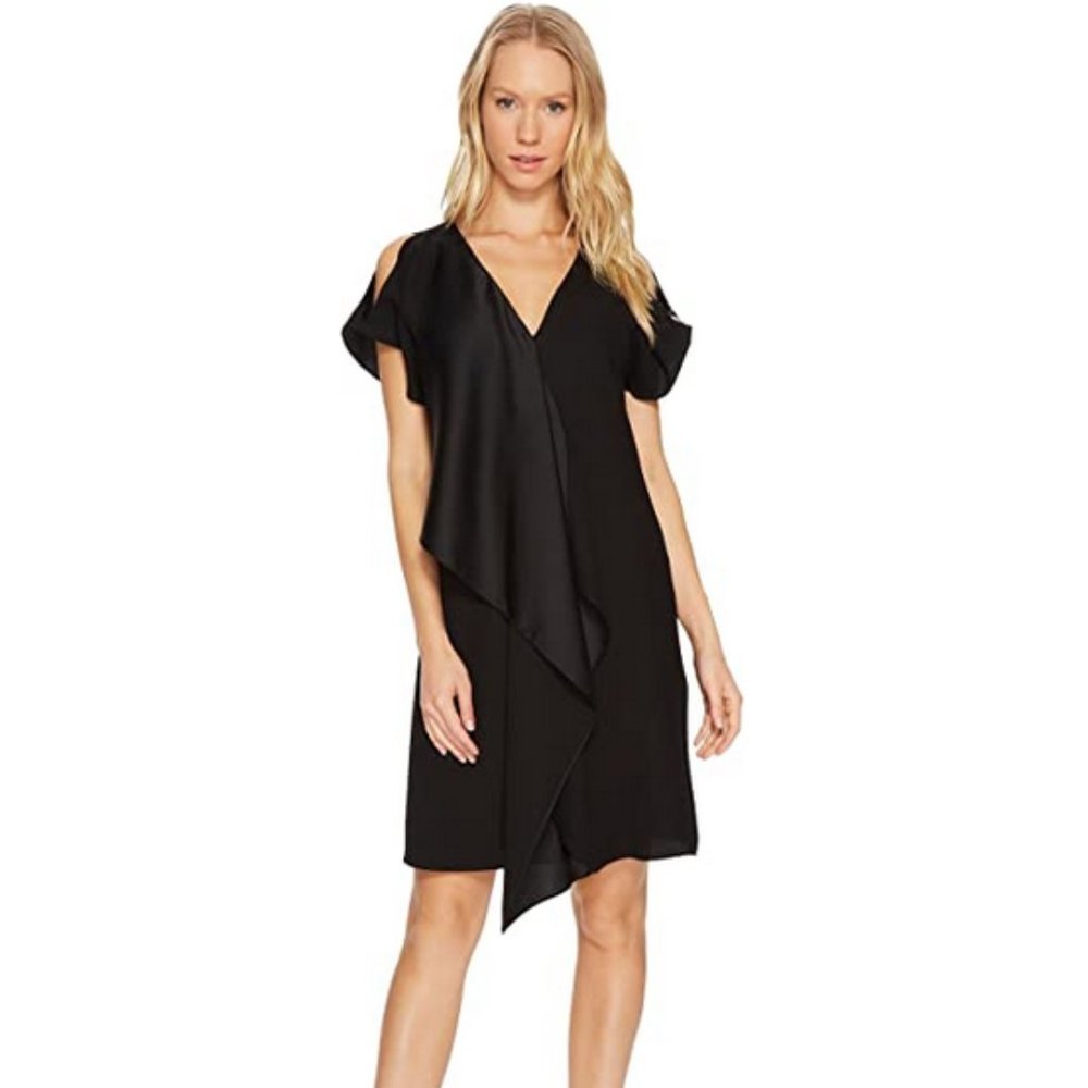 NEW Adrianna Papell Women's Crepe Back Ruffle Shift Dress Size 2 in BLACK color